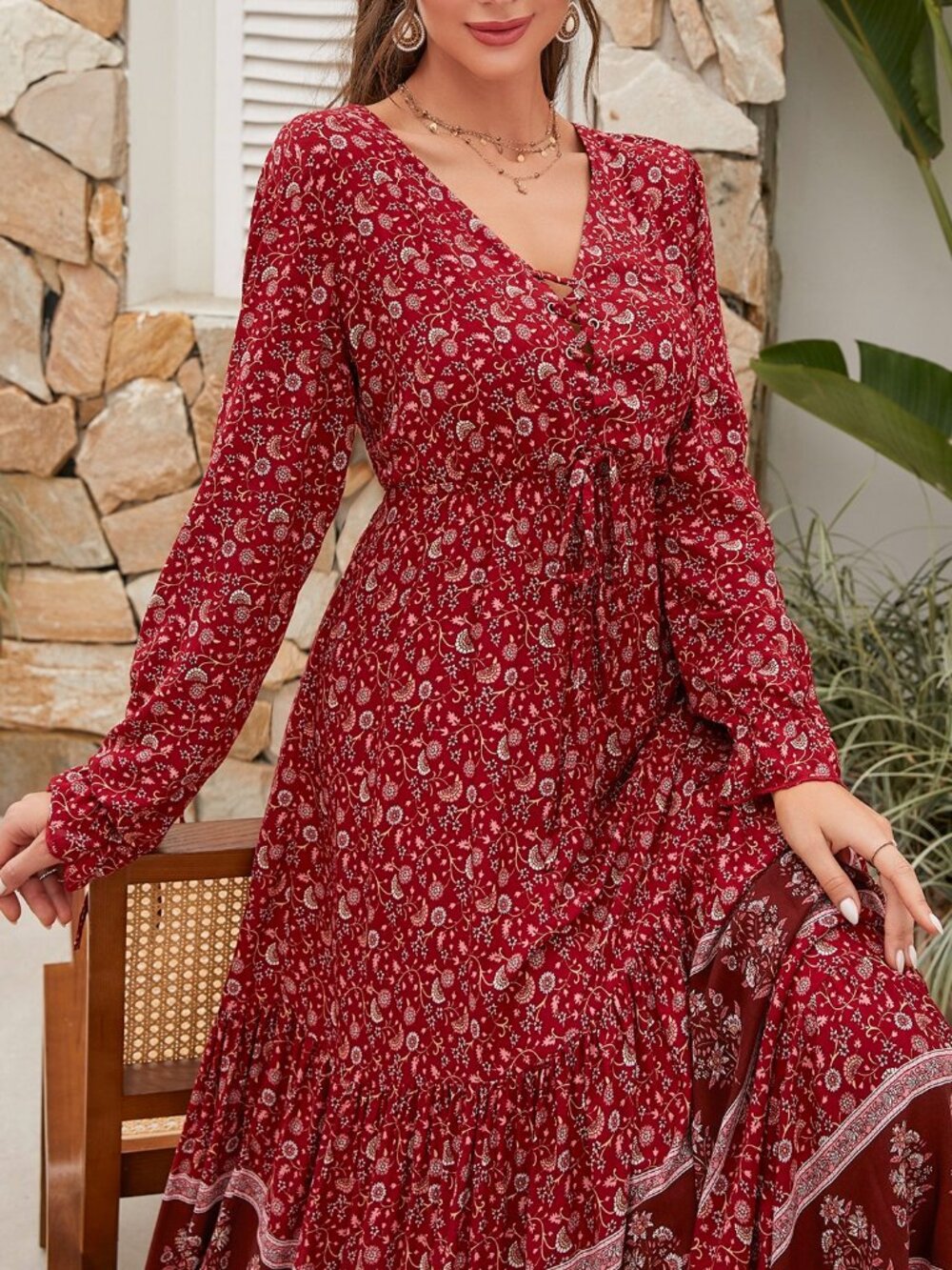 Red Boho Women's Floral Print Knot Front Flounce Sleeve Ruffle Hem Dress - Picture 6 of 6